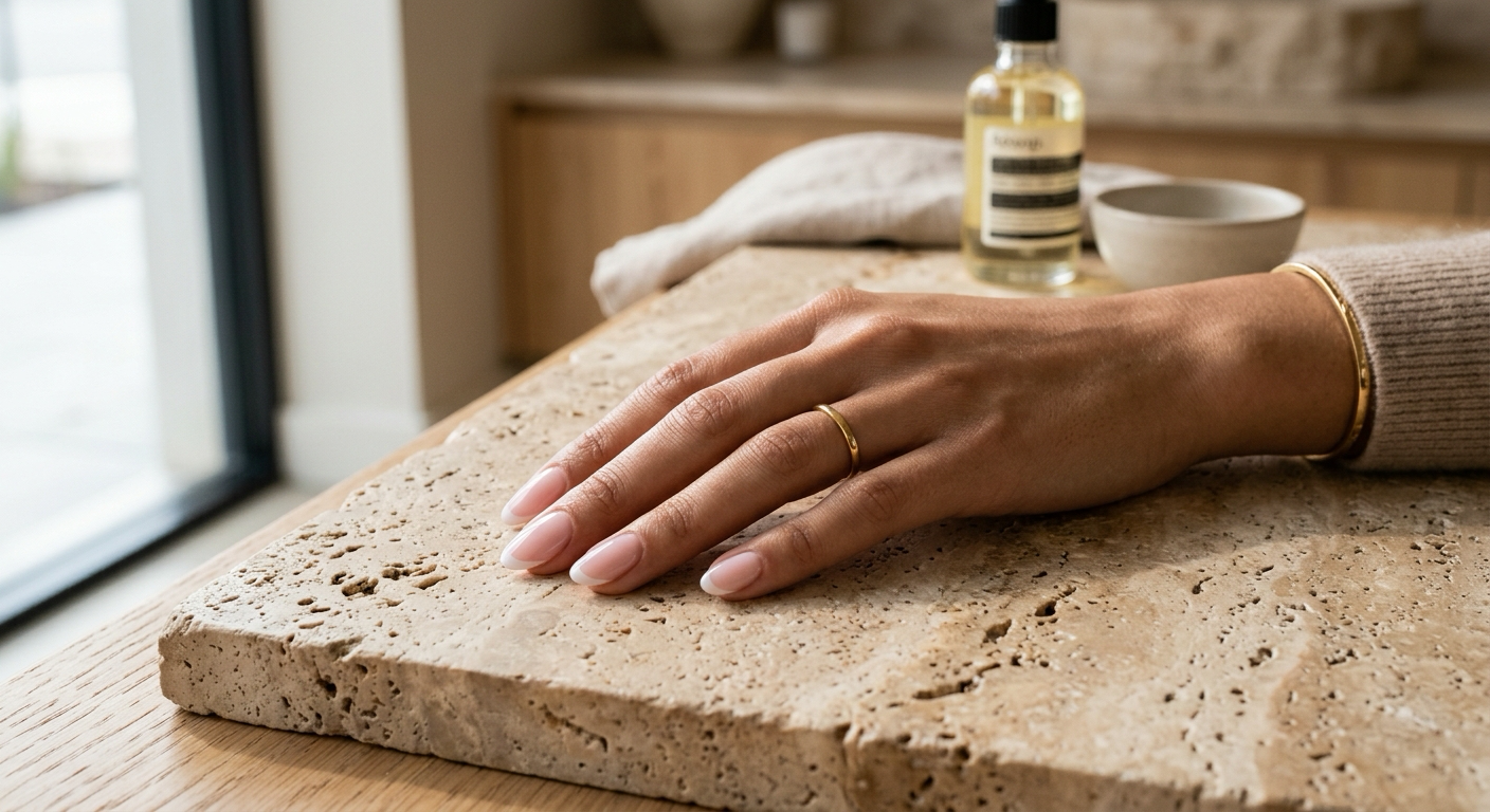 A french manicure resting on travertine stone